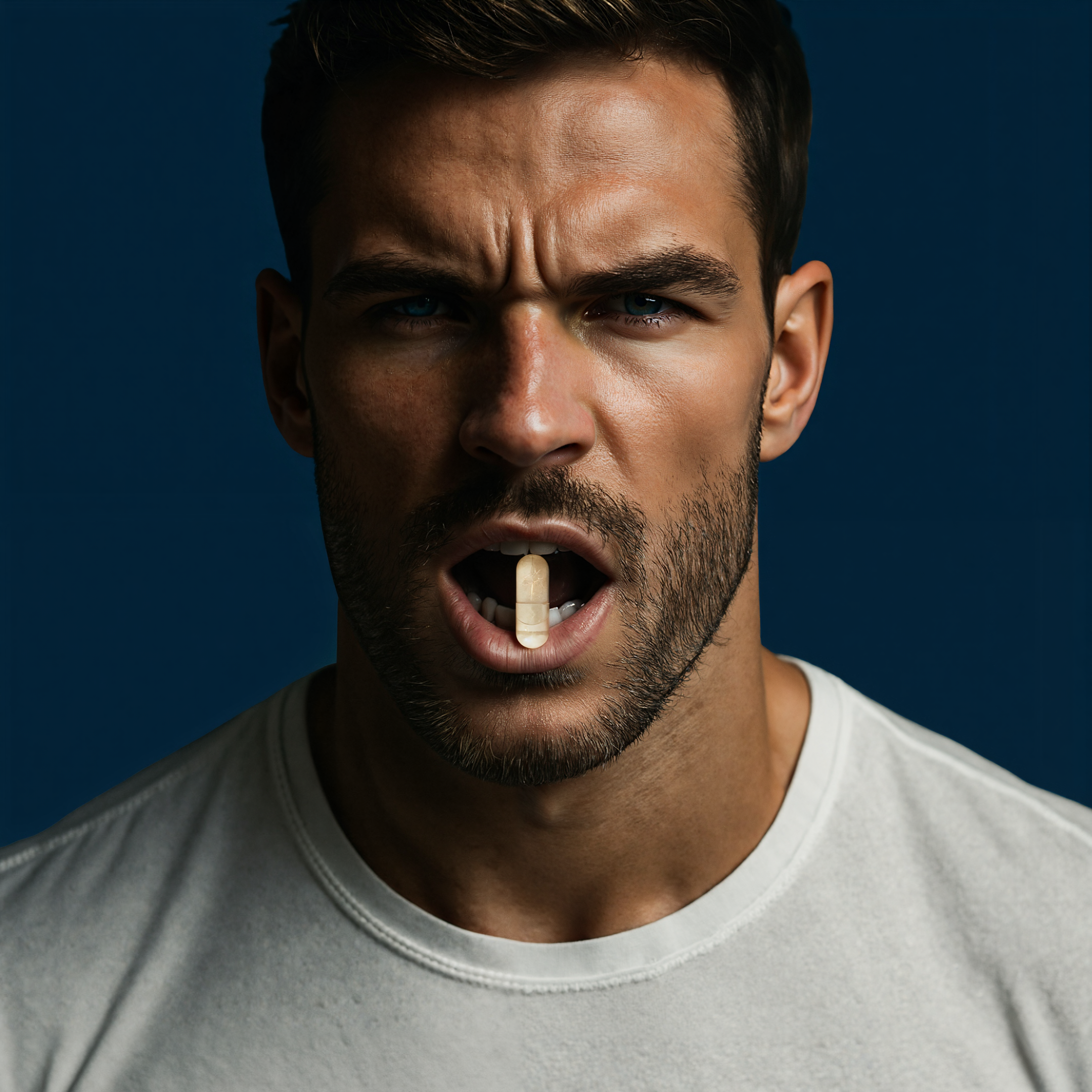 Man holding thrust in his mouth